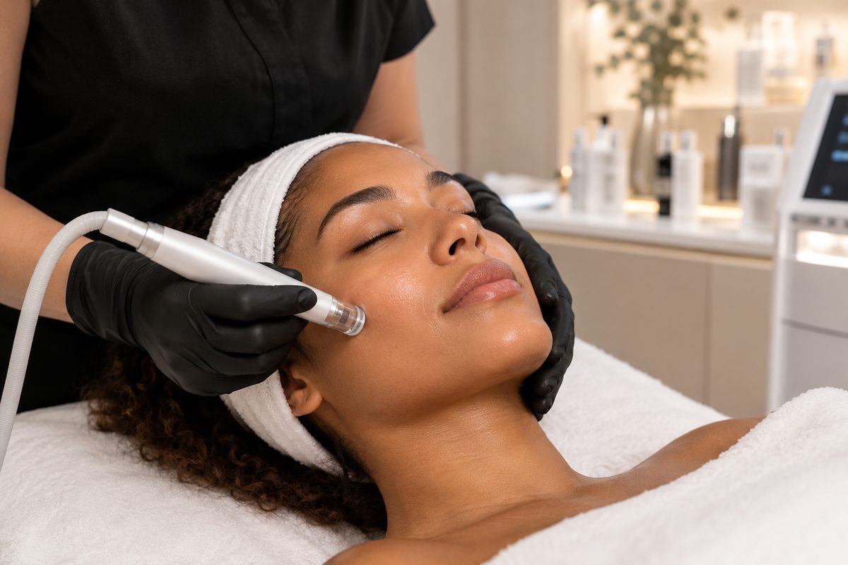 Skincare professional giving a client a facial treatment in a calm, modern clinic